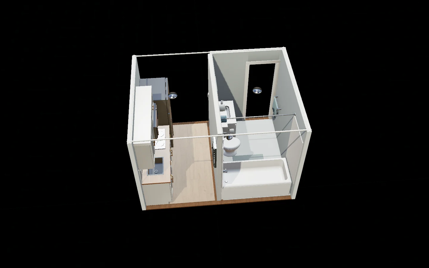 Static overview of the Atlas core, with the kitchen and bathroom on either side of the shared wet wall.